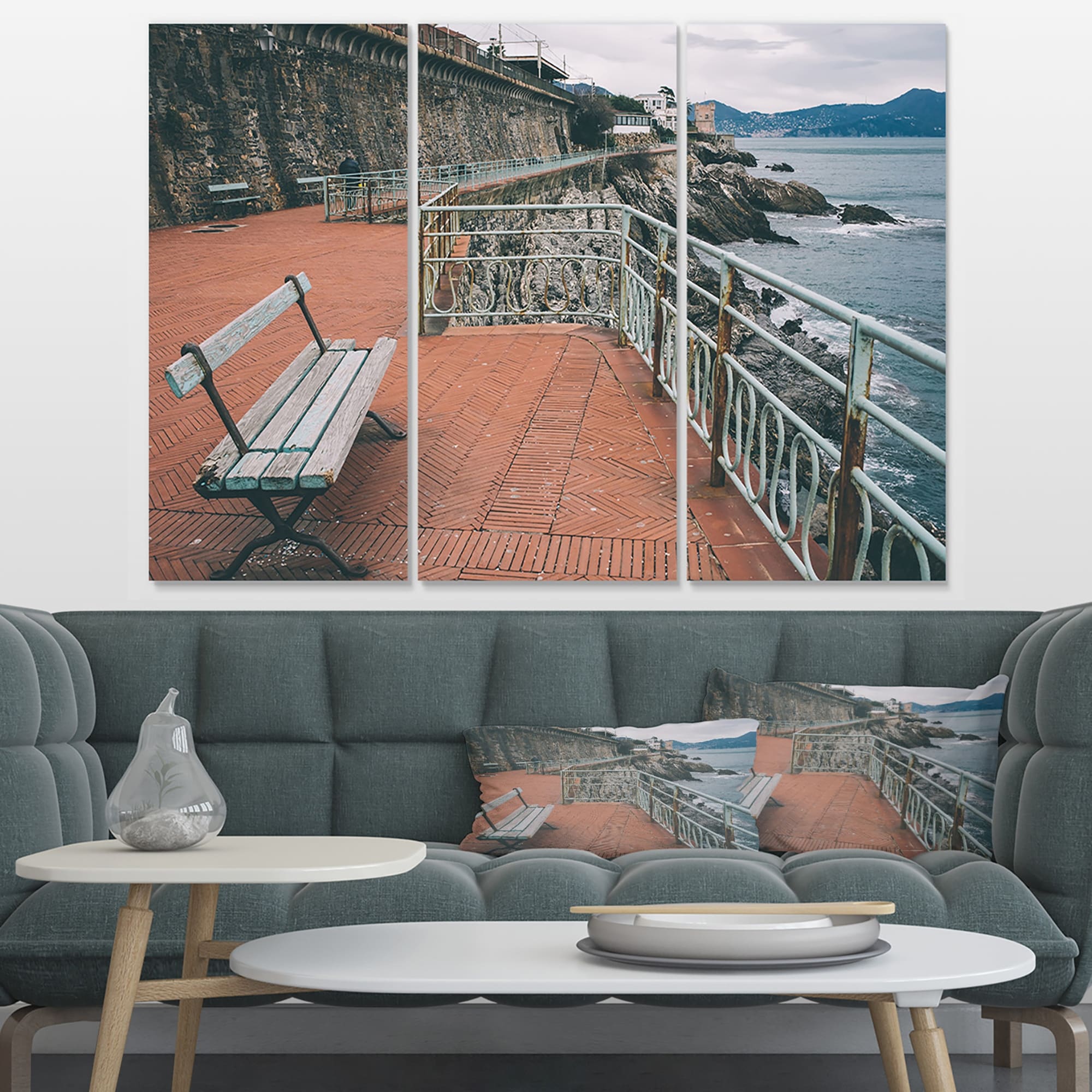 Designart 'Seating in Genoa Nervi Coast' Extra Large Seashore Canvas Art