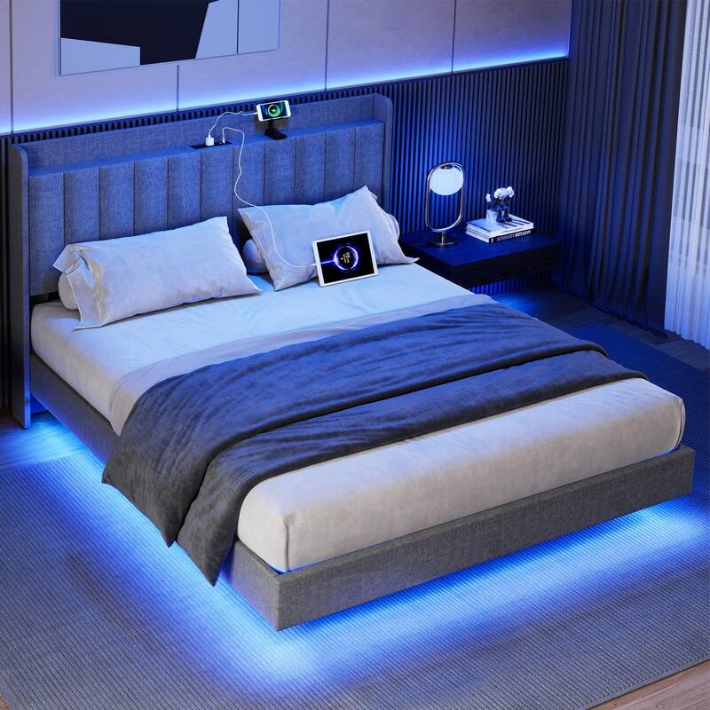 Floating Bed Frame with LED Lights, Upholstered Platform Bed Frame with Charging Station & Storage Headboard