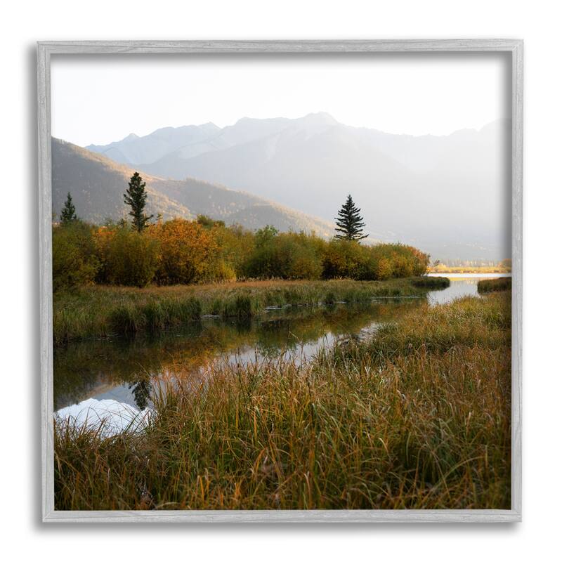 Stupell Soothing Grassy Bog Stream Mountains Landscape Framed Wall Art - Green - 17 x 17 - Grey