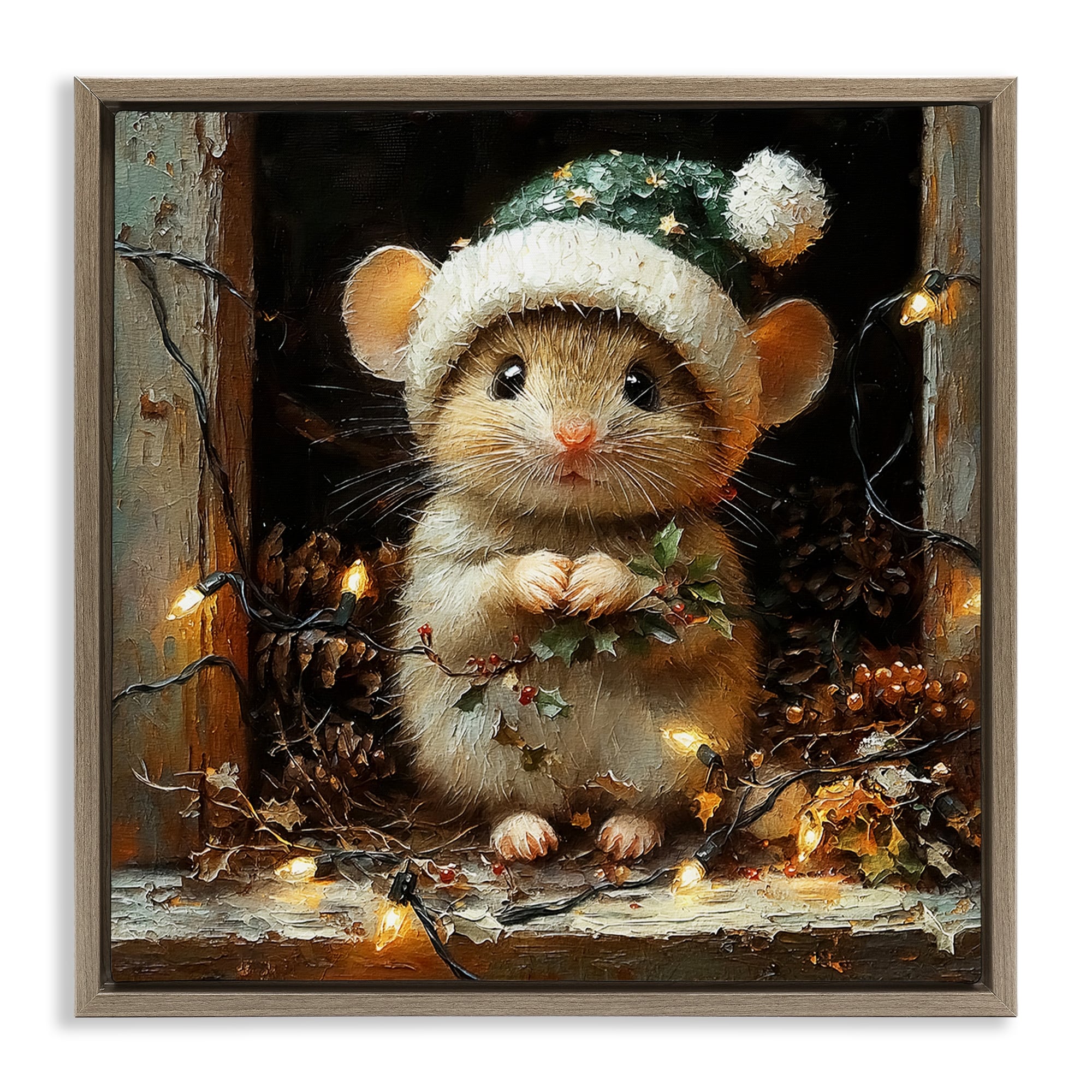 Stupell Barn Mouse with Christmas Lights Framed Floater Canvas Wall Art Design By Riley B