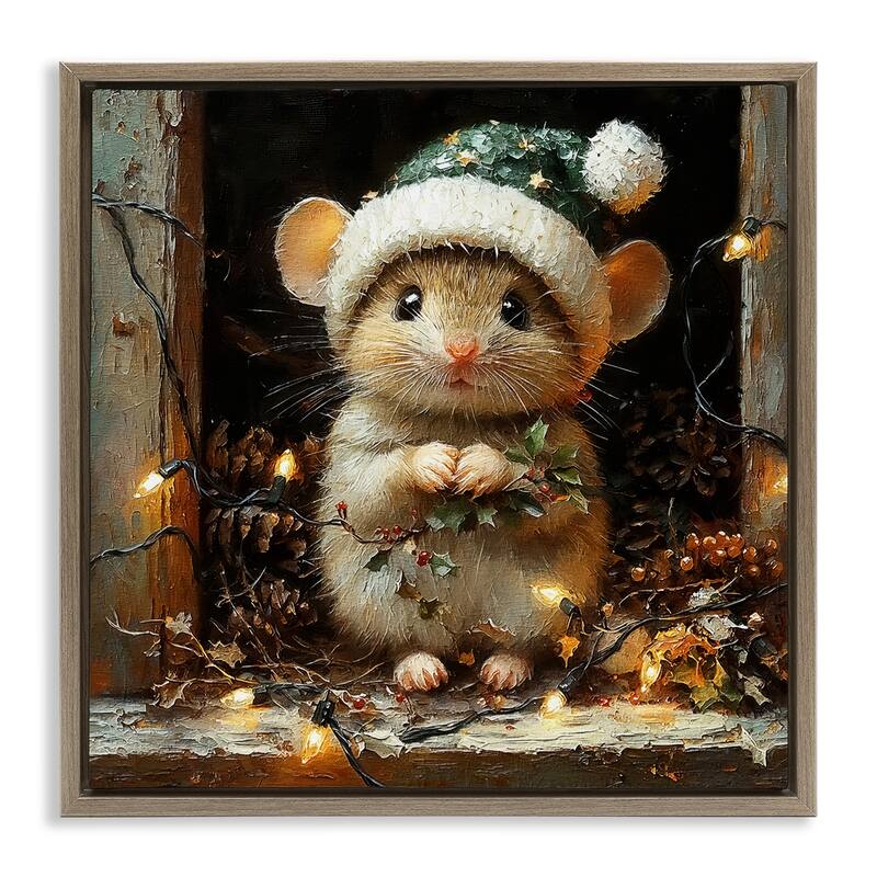 Stupell Barn Mouse with Christmas Lights Framed Floater Canvas Wall Art Design By Riley B - 25 x 25 - Brown
