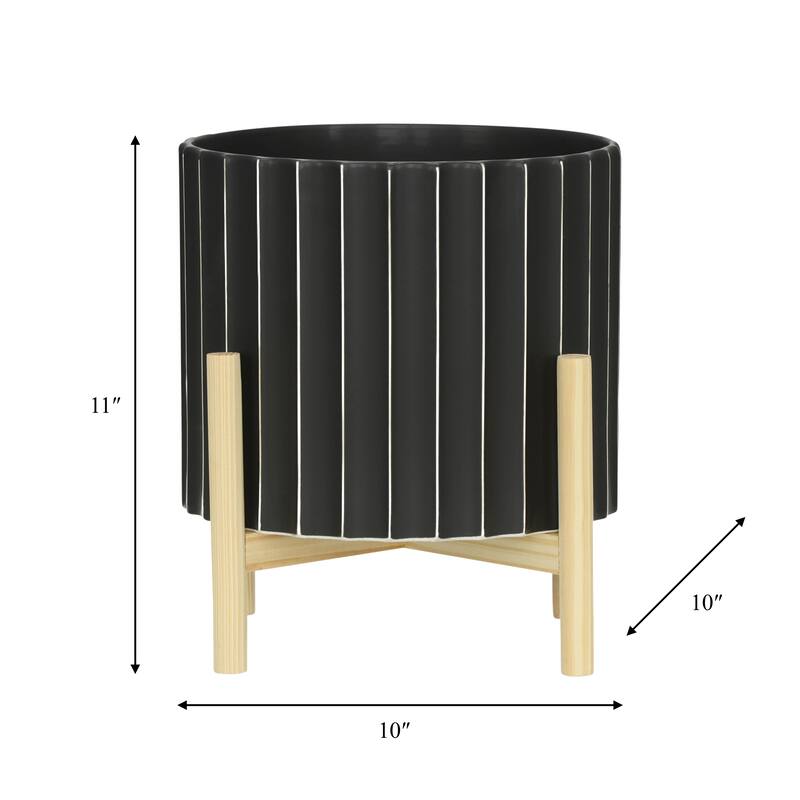 Ceramic Fluted Planter with Wood Stand - Black