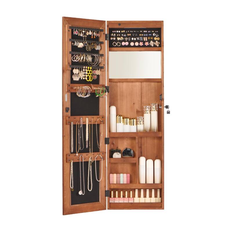 Solid Wood Jewelry Armoire Organizer Cabinet with Full-Length Mirror, 47.5x14.3 in Wall-Mounted Lockable with LED Light