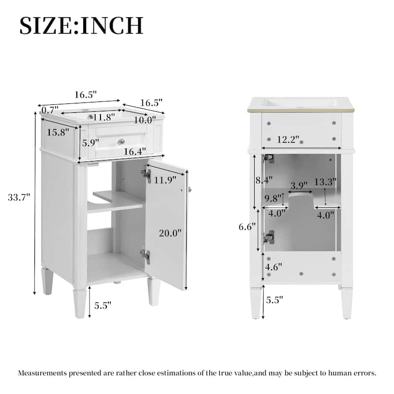 16" Bathroom Vanity with Ceramic Sink, Freestanding Single Vanity Set with Soft Closing Door, Adjustable Shelf, French Style