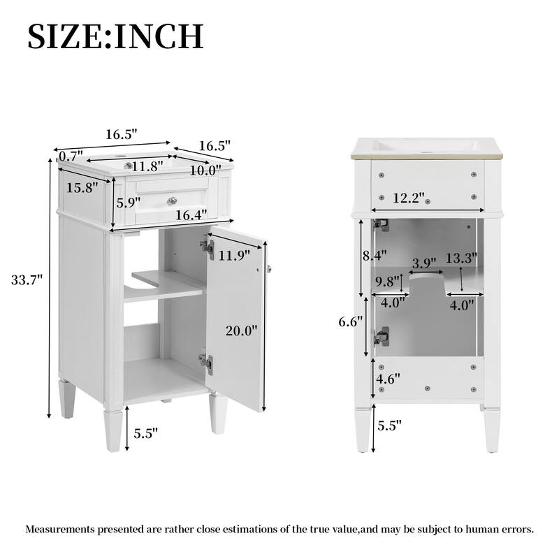 16 Inch Bathroom Vanity with Ceramic Sink, Freestanding Single Vanity, Soft Close Door, French Style Solid Wood Legs
