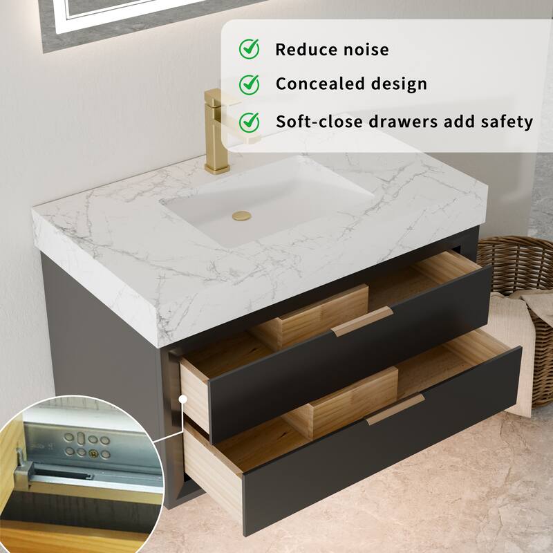 Modland 36/48/60 Inch Black Floating Bathroom Vanity with ETL LED Lights & Soft-Close Drawers, Waterproof Rubberwood