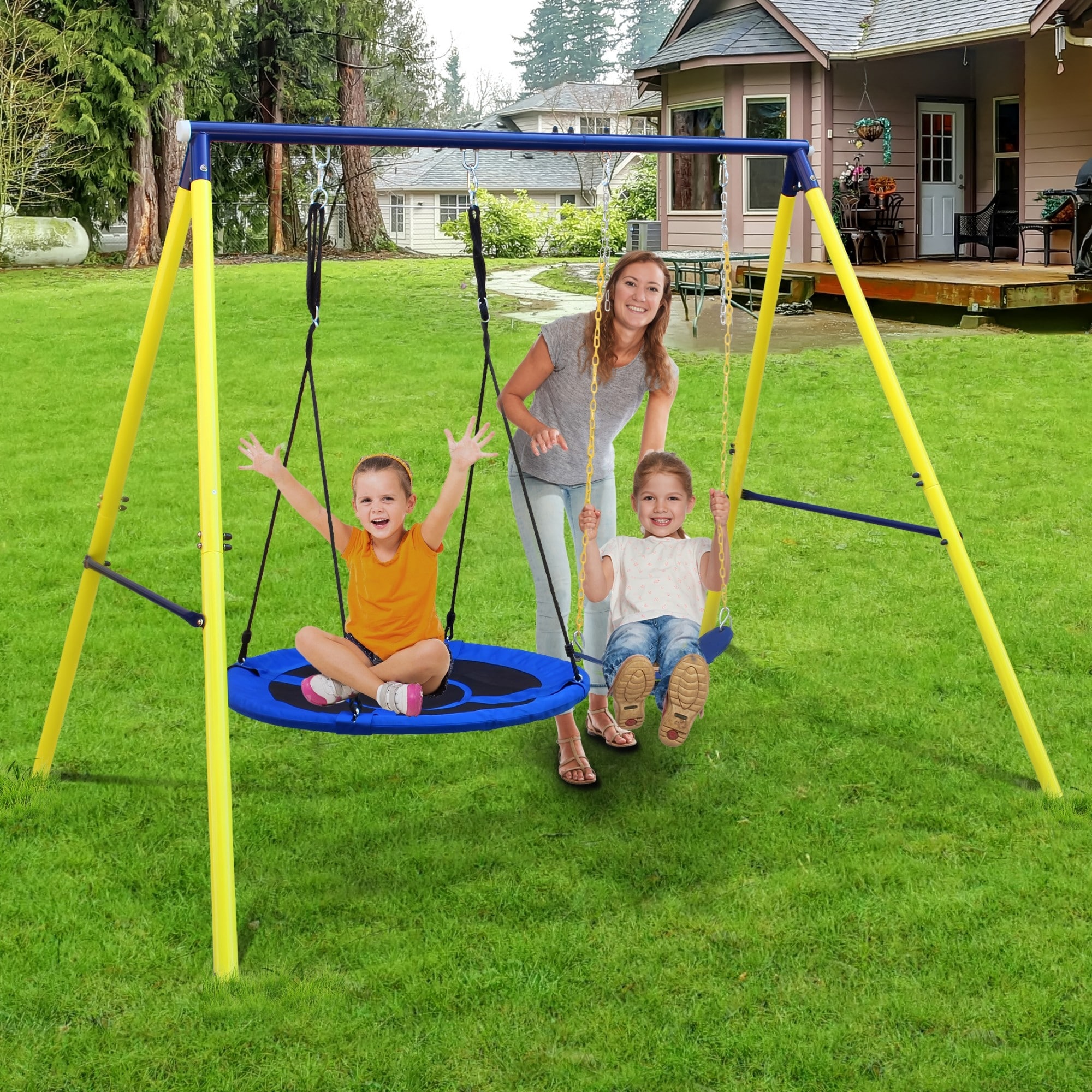 Outdoor Swing Set for Backyard, Backyard Playset w/Safety Belt