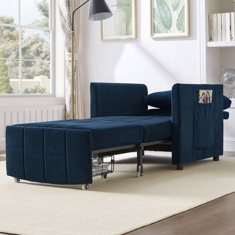 Upholstered Convertible Sleeper Sofa with 5-Position Adjustable Backrest, Side Pockets and Storage Basket, Blue