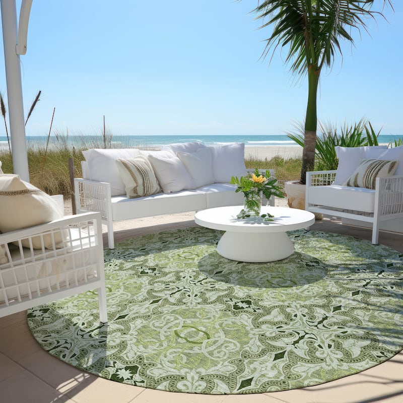 Machine Washable Indoor/ Outdoor Chantille Traditional Medallions Rug - Aloe - 8' x 8'