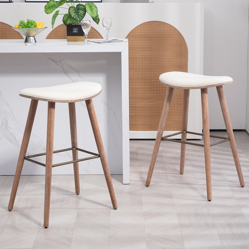 Set of 2 Beatriz Beige Woven Fabric Bar Stool with Wood Legs