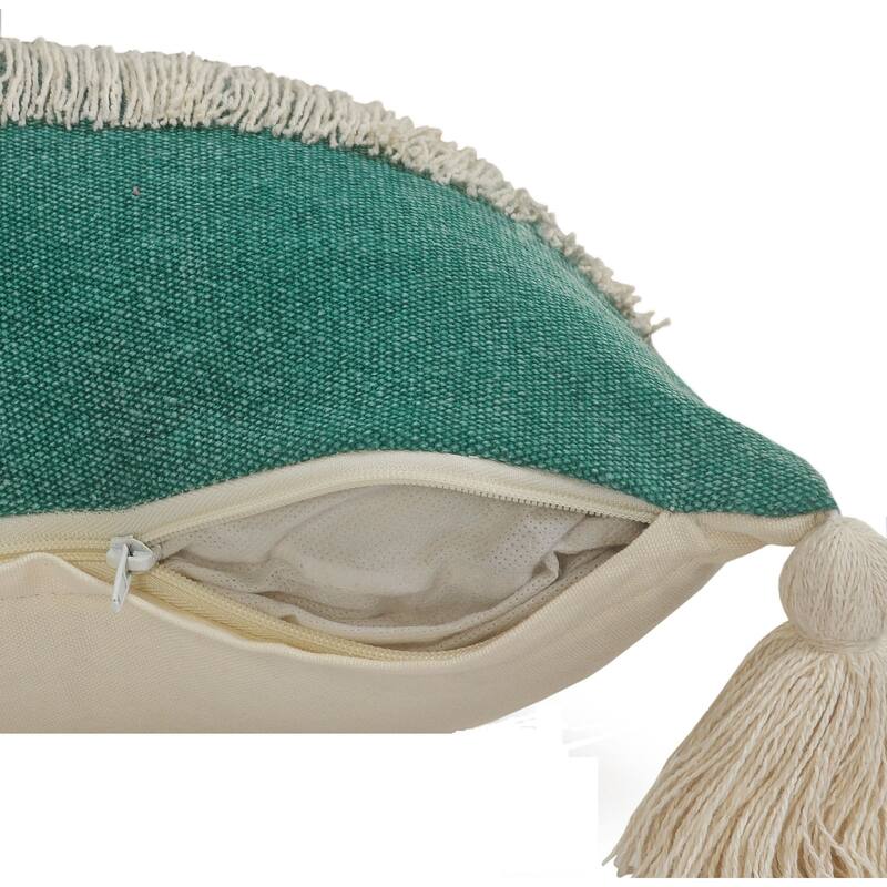 20" Green and White Fringe Color Block Square Throw Pillow