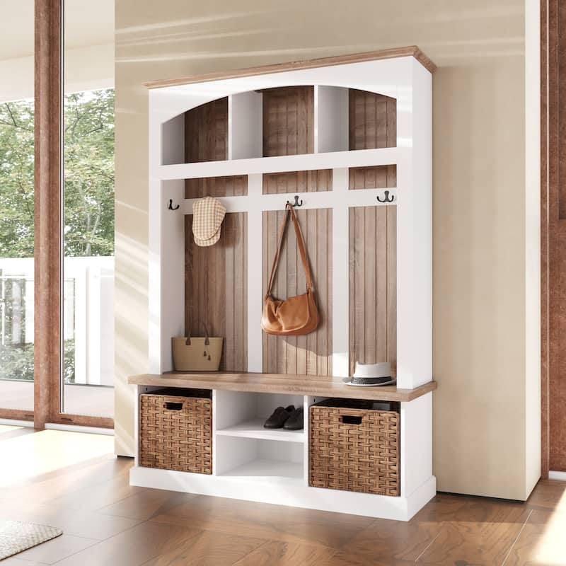 Entryway Hall Tree with Shoe Bench and 2 Rattan Baskets, Mudroom Storage Organizer