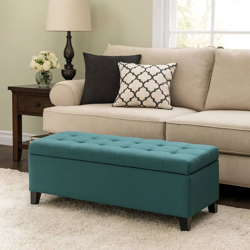 Nira Storage Ottoman Bench, Button Tufted Teal Blue Fabric, 51 Inch