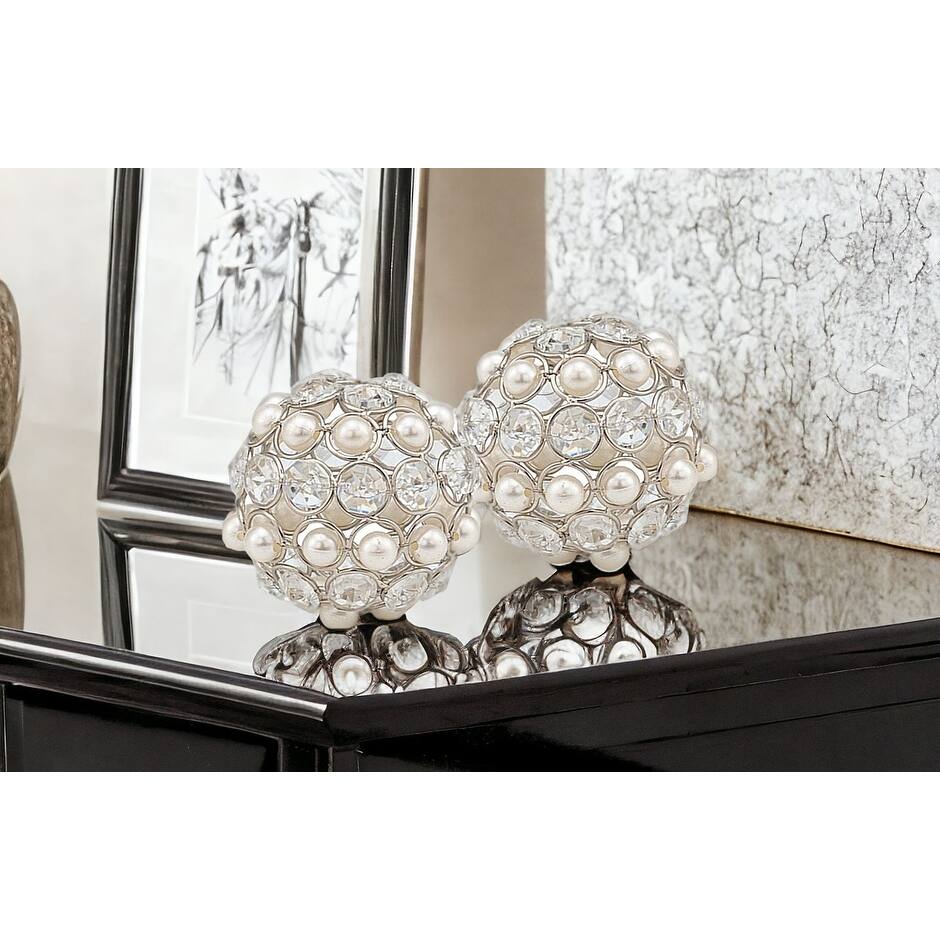 HomeRoots Set of Two Silver and Clear Faux Crystal and Pearl Decorative Orbs - 3 x 3 x 3