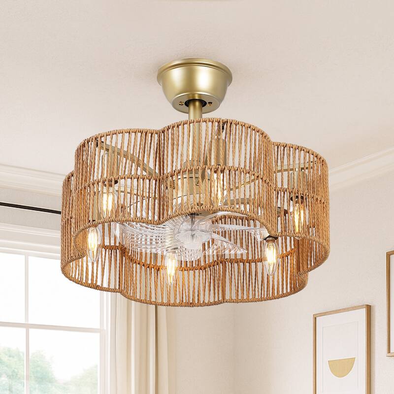 GetLedel 19.7" Woven Scalloped Rattan Ceiling Fan with Remote and Light