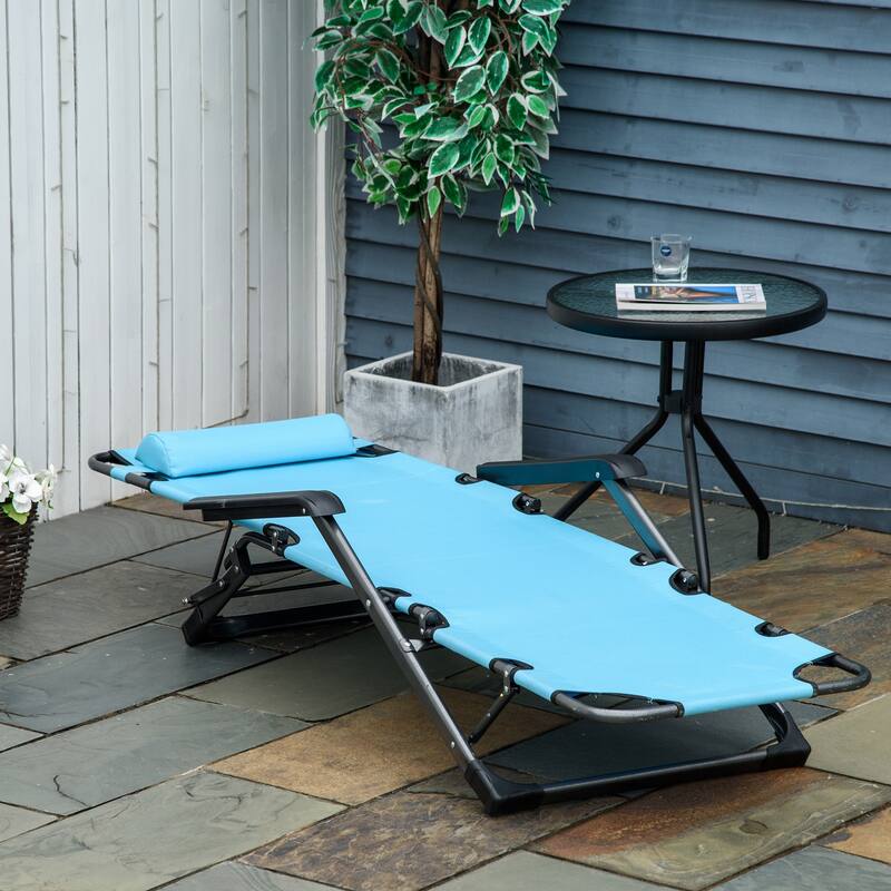 Outdoor Folding Chaise Lounge, 2-in-1 Tanning Chair with Pillow，Armrests & Pocket