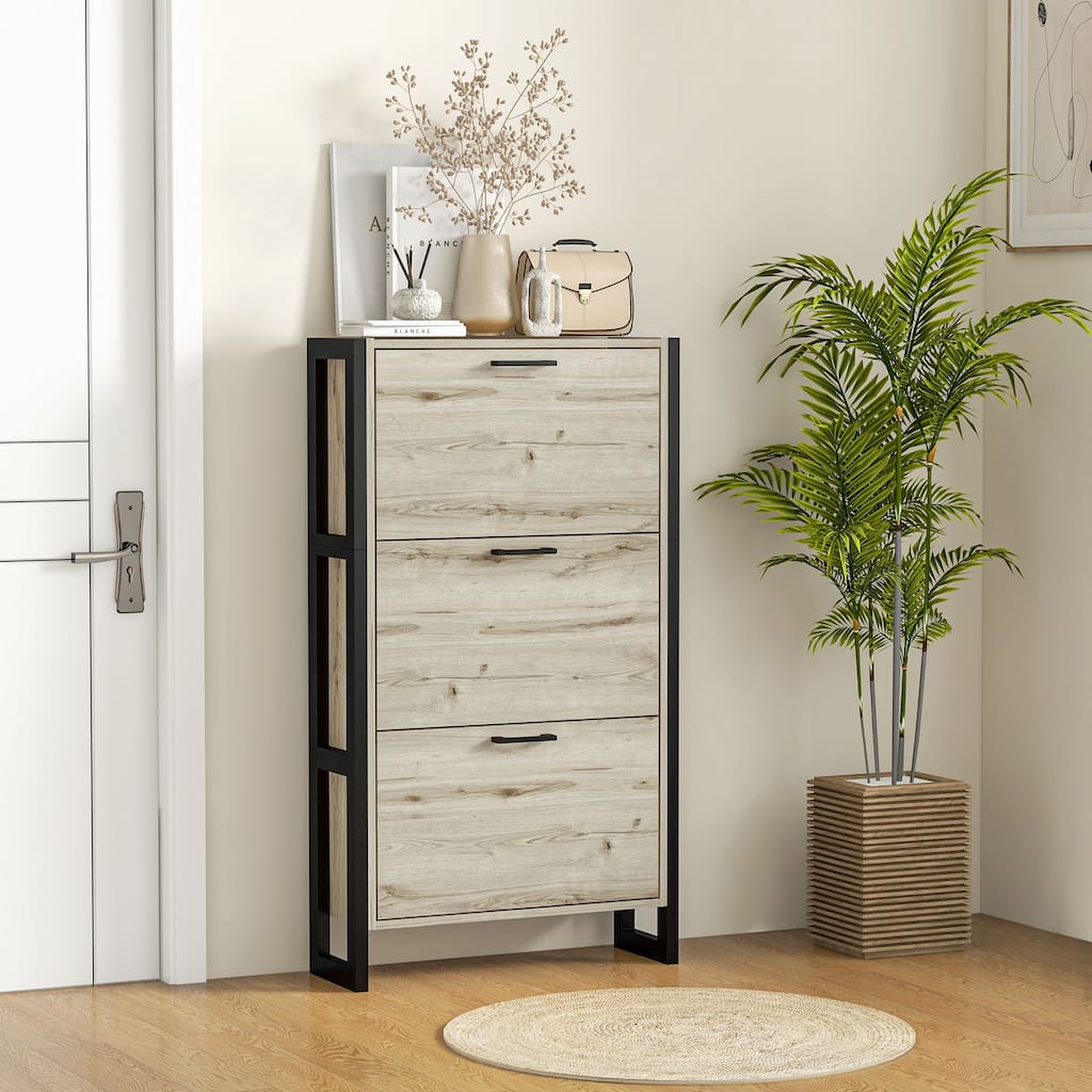 HOMCOM Industrial Shoe Cabinet with 3 Flip Drawers, Freestanding Shoe Storage Cabinet for 15 Pairs