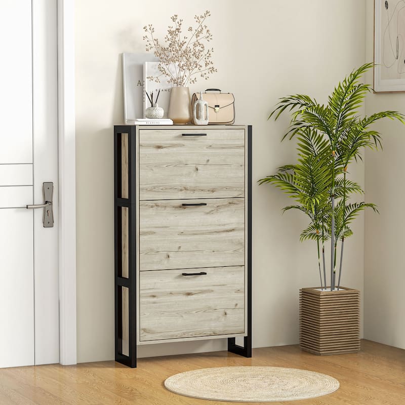 Walnut and Black Shoe Cabinet with 3 Flip Down Drawers Adjustable Shelves Anti Tipping Space Saving Storage Organizer