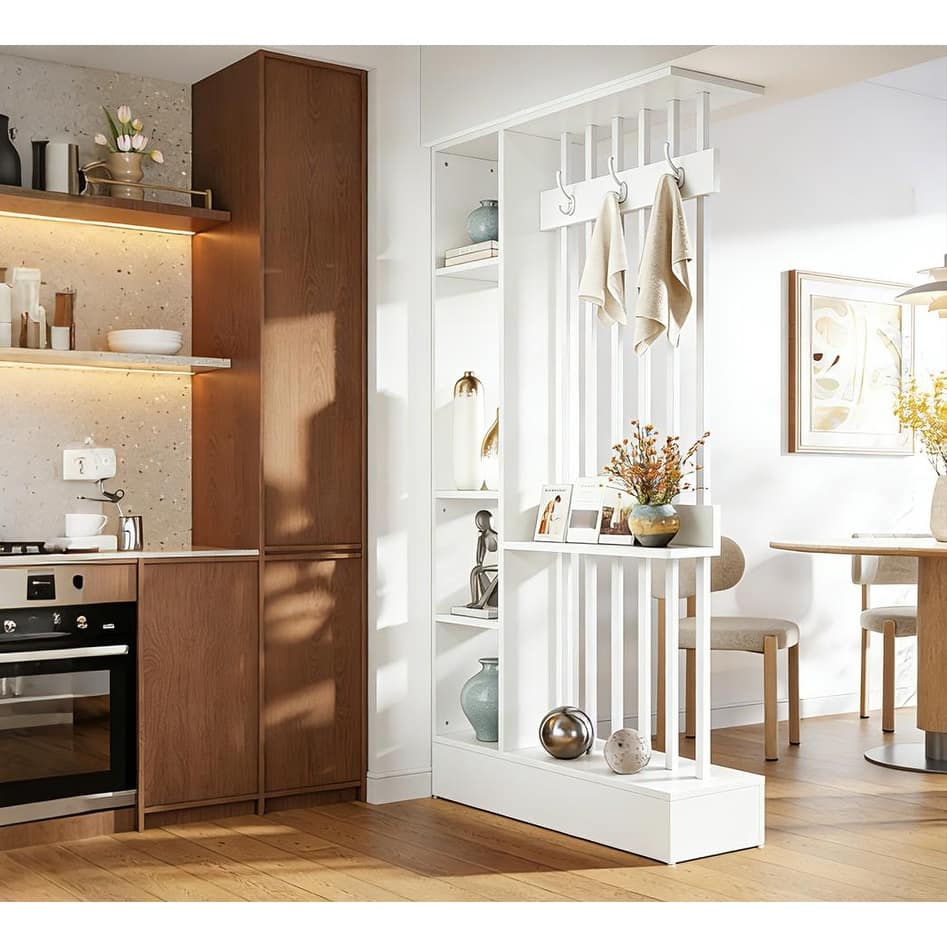 71" Wall Room Divider with Shelves & Coat Hooks