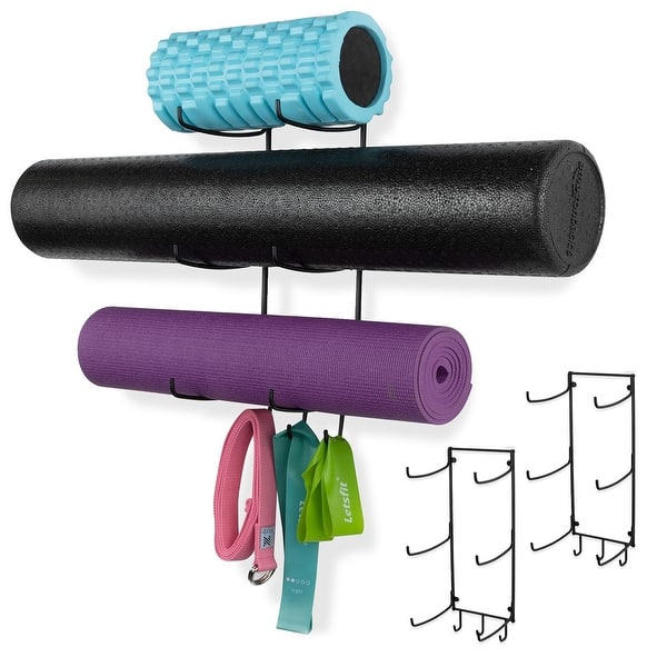 Wall Mount Yoga Mat Holder and Foam Roller Rack with 3 Hooks (Set