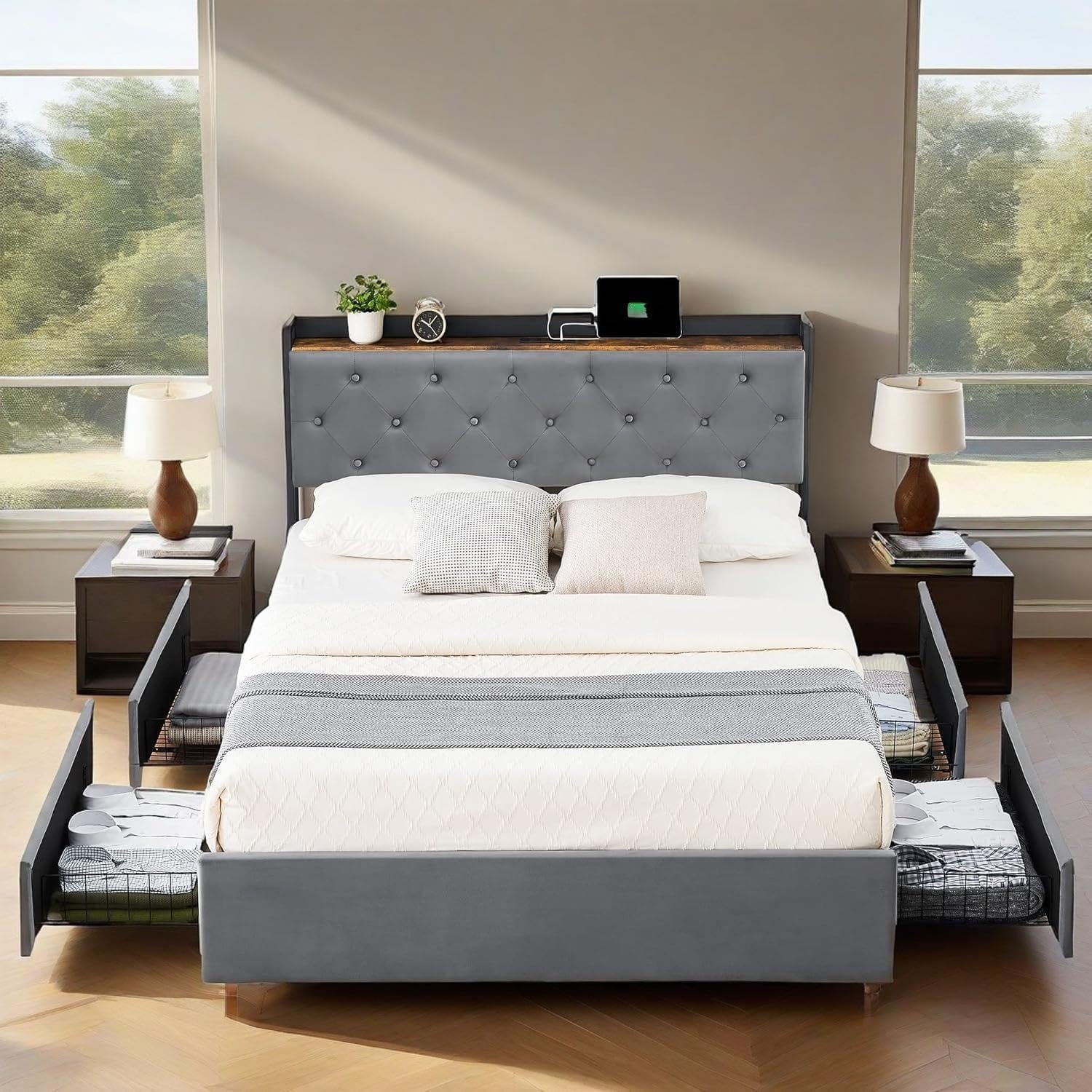 Velvet Bed Frame with Four Storage Drawers and USB Charging Station
