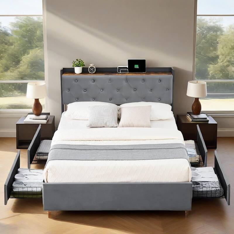 Velvet Bed Frame with Four Storage Drawers and USB Charging Station - Queen
