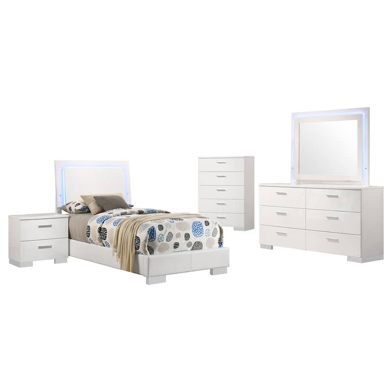 Sok 5pc Twin Bedroom Set, Blue LED Lights, Faux Leather, White Wood