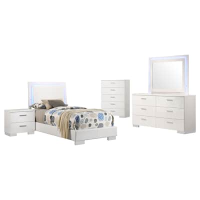 Sok 5pc Twin Bedroom Set, Blue LED Lights, Faux Leather, White Wood
