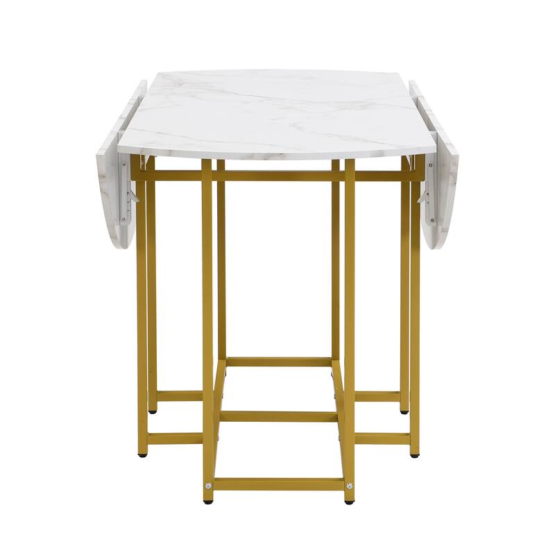5-Piece Extendable Kitchen Dining Table Set- Round Faux Marble Top, 4 Upholstered Chairs, Compact Foldable Design