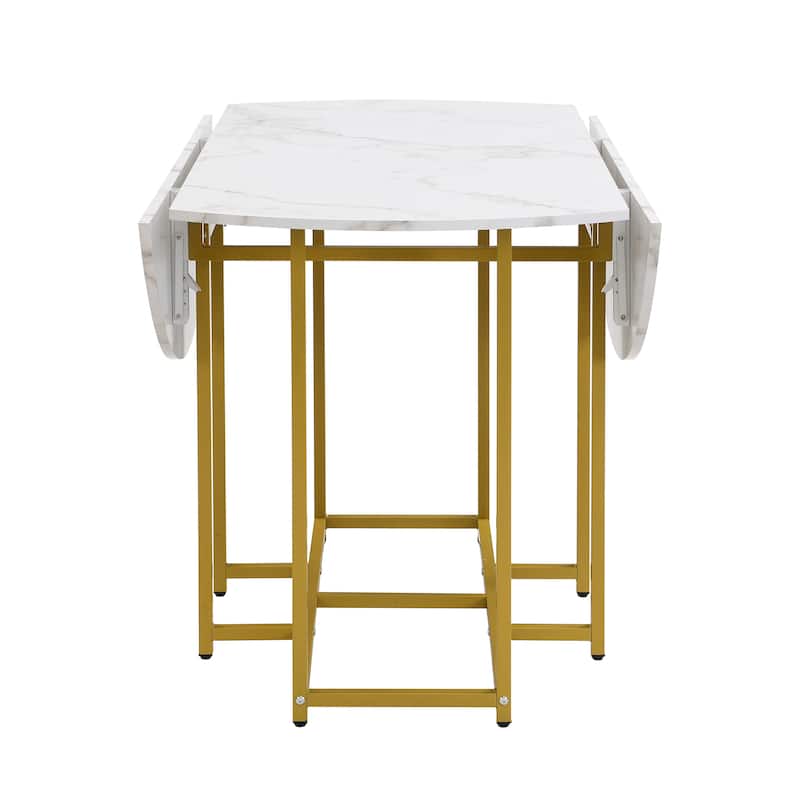 Roomfitters Space-Saving 5-Piece Extendable Dining Table Set with Round Faux Marble Top, 4 Upholstered Chairs
