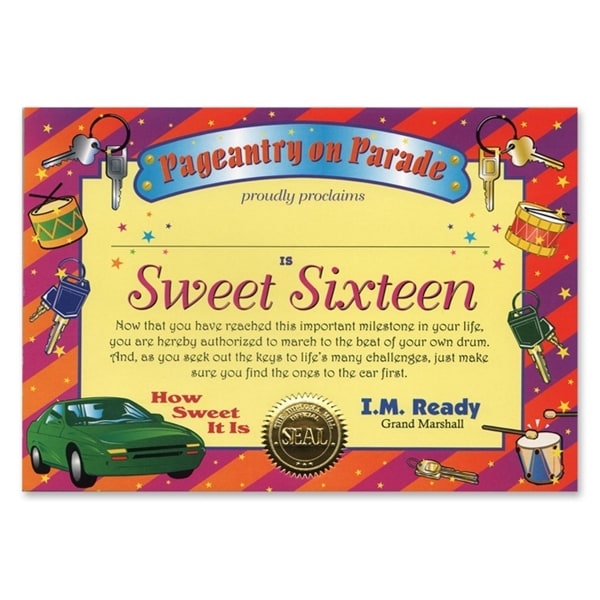 Pack of 6 ''Sweet Sixteen'' Certificates 5'' x 7'' - N/A