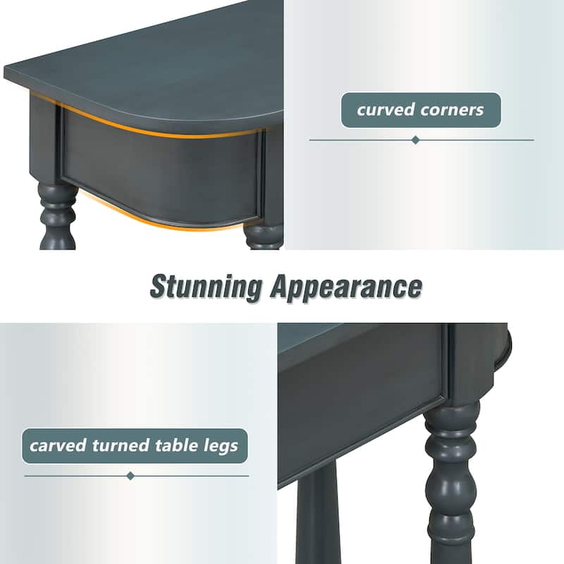 Narrow Console Table with Curved Corner, Retro Entryway Table with Top Drawer and Open Shelf