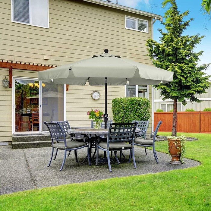 brown patio table umbrella ABCCANOPY OLEFIN 5-Year No Fading 9FT Umbrella, Outdoor with 8 Sturdy Ribs for Deck, Backyard, Yard (Khaki) The chairs rotate 360 degrees Umbrella Table With 2 Weight