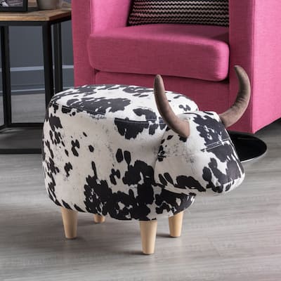 Cow Animal Shape Kids Ottoman, Cute Wood Foot Stool Shoes Changing Seat & Cushioned for Adult Living Room, Bedroom, Playroom