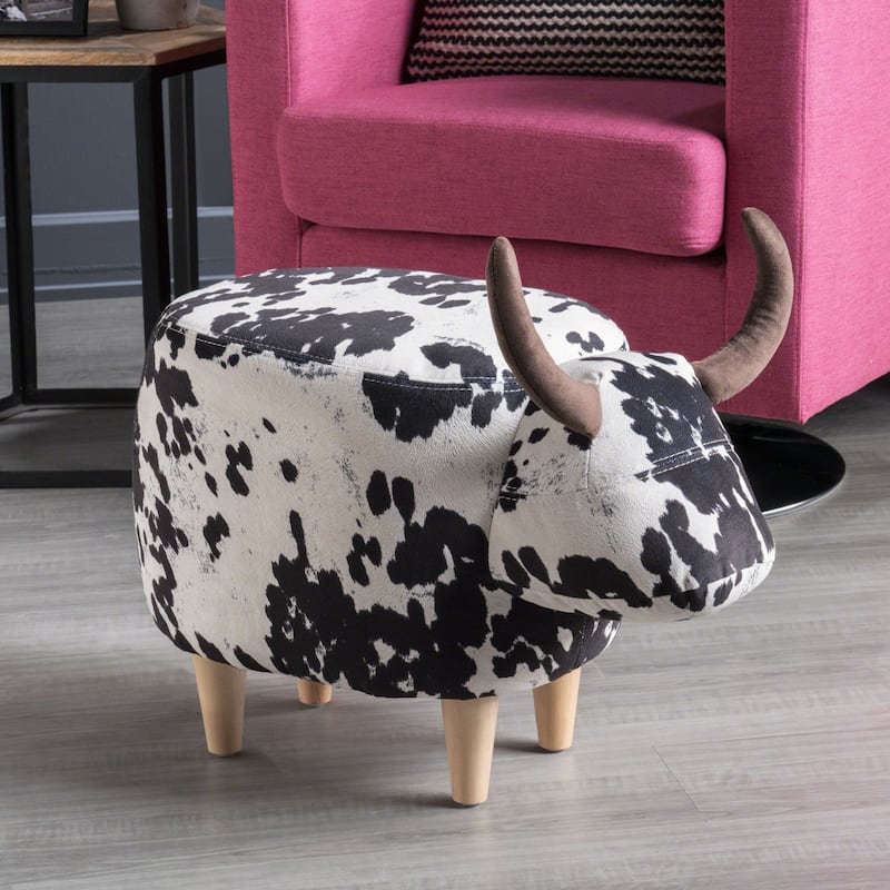 Cow Animal Shape Kids Ottoman, Cute Wood Foot Stool Shoes Changing Seat & Cushioned for Adult Living Room, Bedroom, Playroom - White+Black