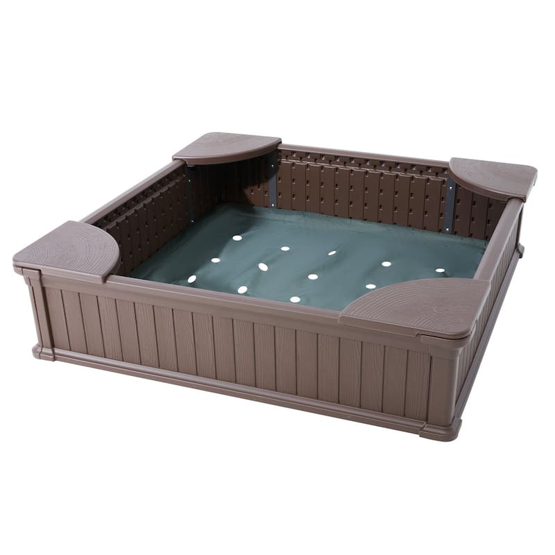 HDPE Square Sand Box with 4 Corner Seating and Bottom Liner Ideal for Kids - 48.6” x 48.6” x 12.4”