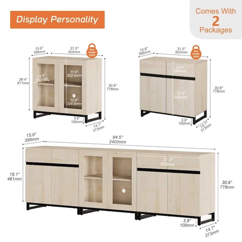 WAMPAT Modern Sideboard with Adjustable Shelves, 3 in 1 Storage Cabinet with Glass Doors, Coffee Bar Cabinet for Kitchen