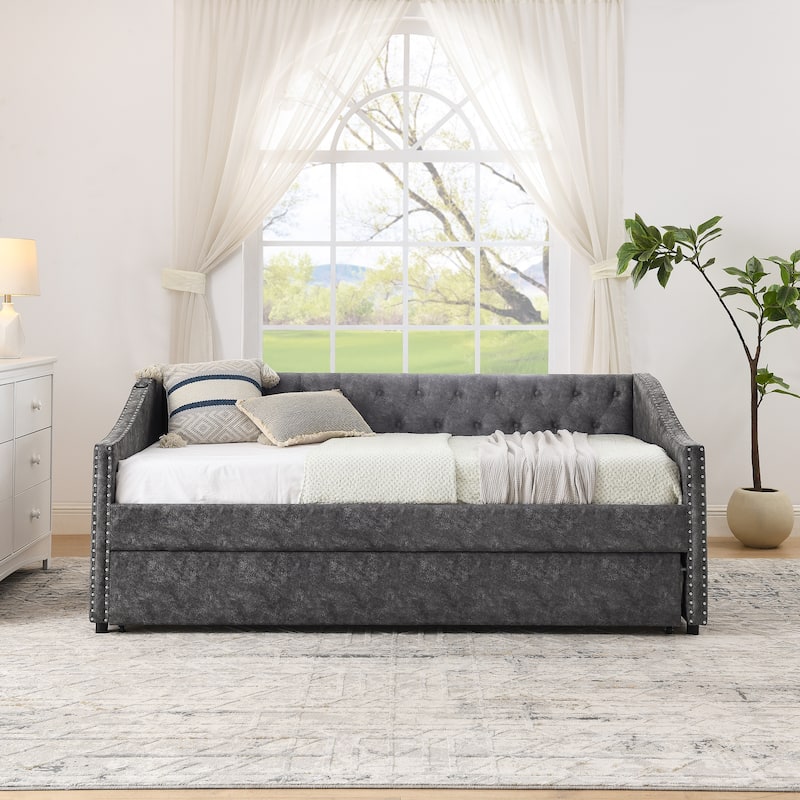 Twin Size Daybed with Pull Out Bed Trundle, Upholstered Button-Tufted Backrest Sofa Bed with Nailhead Trim & USB Charging Ports