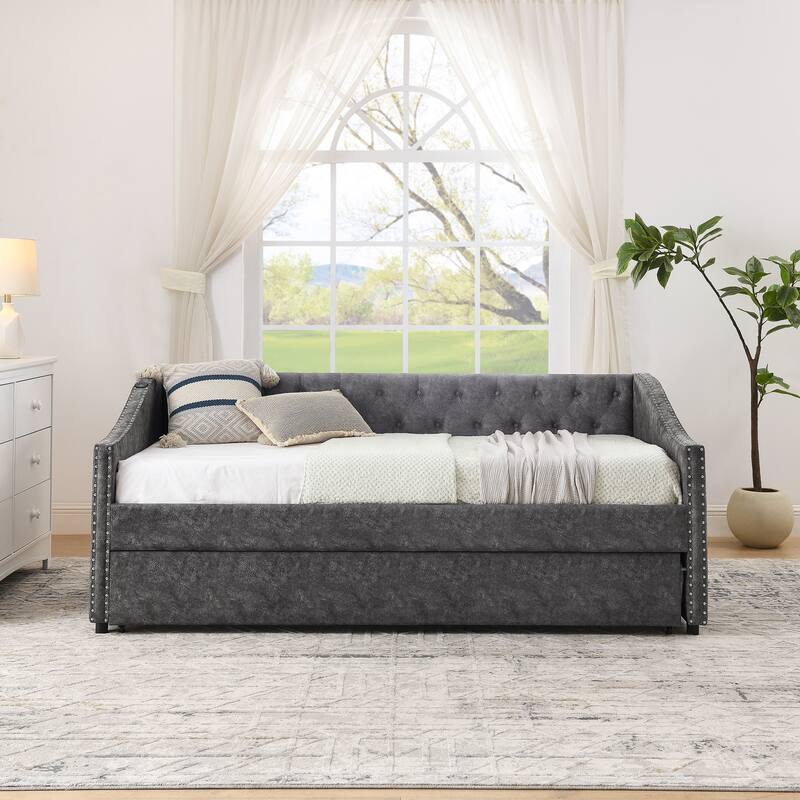 Twin Size Extendable Daybed with Pull-Out Bed, USB Charging Ports, Button Tufted Back & Nailhead Trim