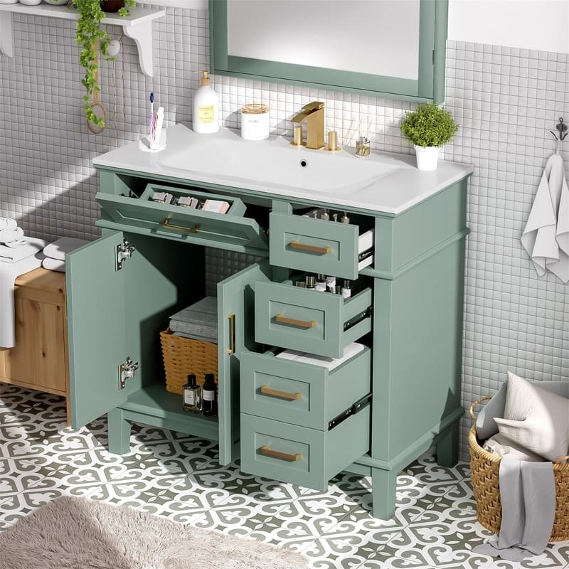 36" Bathroom Vanity with Ceramic Sink, Freestanding Bathroom Vanity Cabinet with 2 Soft Close Doors and 4 Storage Drawers