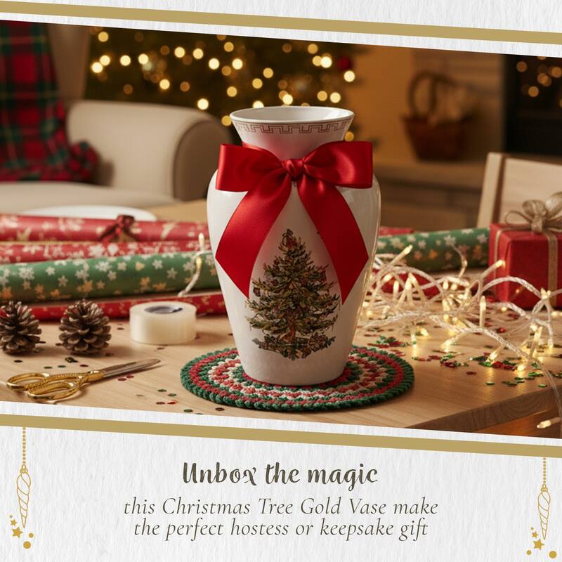 Spode Christmas Tree Gold Vase - 8" H x 5.5" L