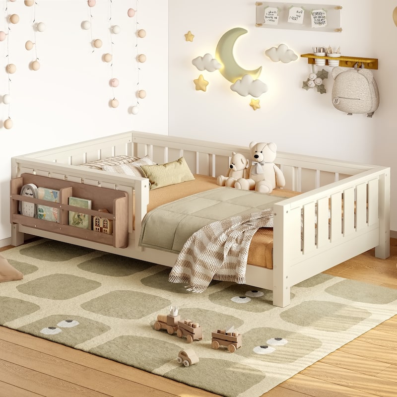 Low Profile Montessori Bed Floor Platform Bed with Fence and Bookshelf - Beige - Twin