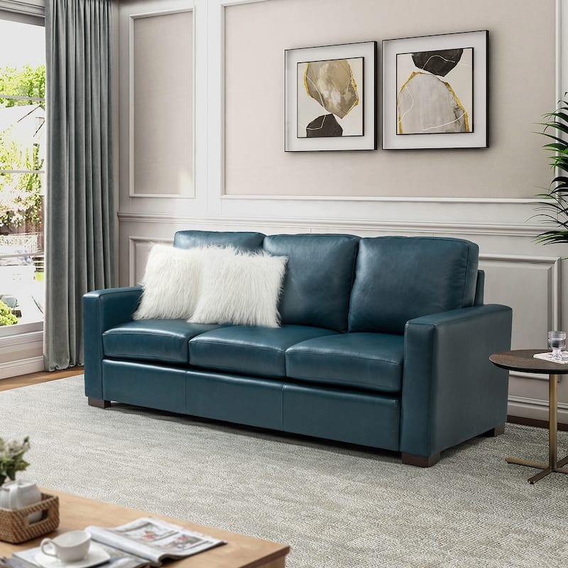 Ernando 83.46" Wide Genuine Leather Sofa with Squared Arms and Pillows