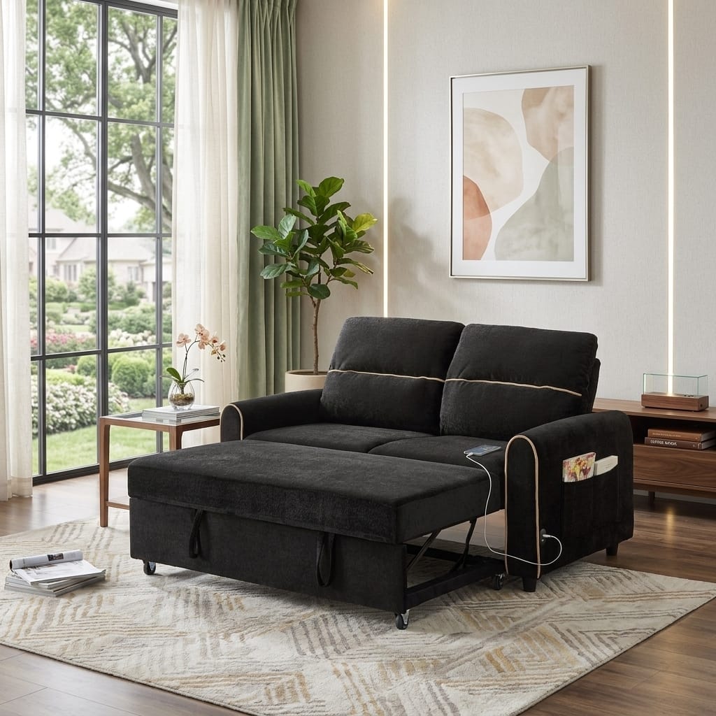 Chenille Pull Out Loveseat Sleeper Sofa Bed with 3-Position Adjustable Backrest by Harper&Bright Designs