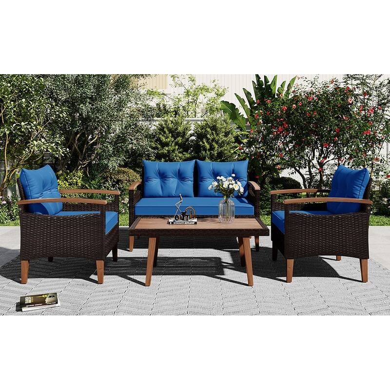 4-Piece Outdoor Wicker Patio Sofa Set with Wood Table and Removable Cushions - 	 Brown+Blue