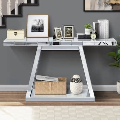 55.9 inch Modern Luxe Full Body Mirror Entryway Table Trapezoid Base 360 Reflective Console Table