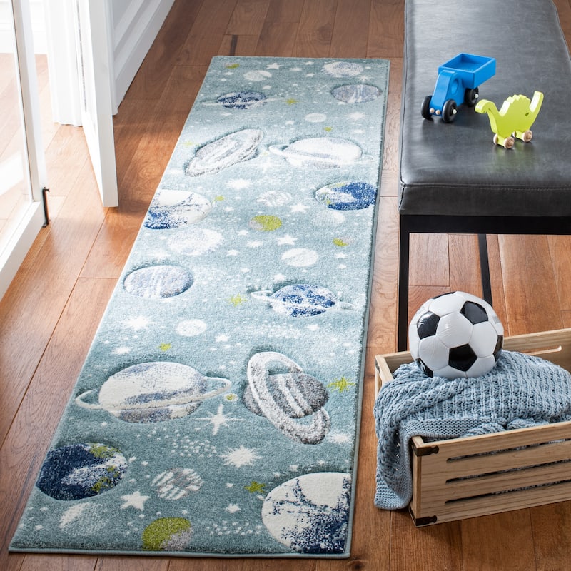 SAFAVIEH Carousel Kids Selvinaz Solar System Rug - 2'3" x 6' Runner - Teal/Ivory