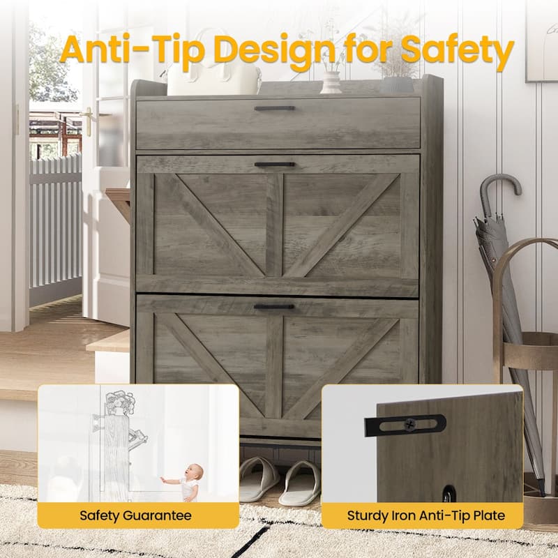 EROMMY Farmhouse Freestanding Shoe Cabinet with 2 Flip Drawers, Large Entryway Storage with Adjustable Shelves and Side Hooks