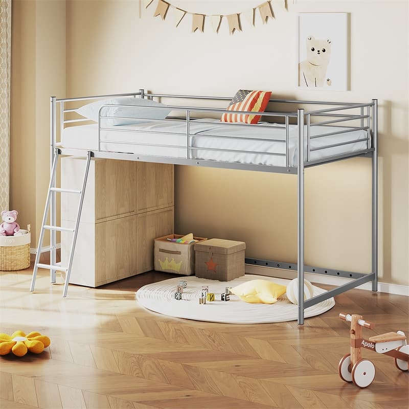 Junior Metal Twin Loft Bed With Guard Rails And Stairs