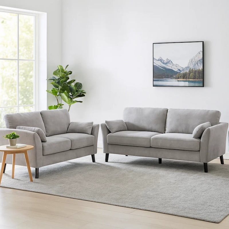 Otto2 Piece Sofa and Loveseat Set with Padded Cushions, Gray Velvet Fabric